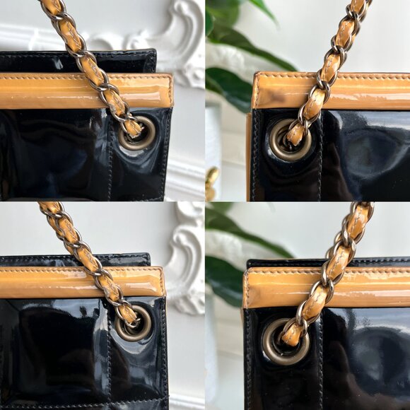 Authentic Chanel Parent Beige Black Leather Quilted Large Shoulder Bag B0796 - Picture 11 of 16